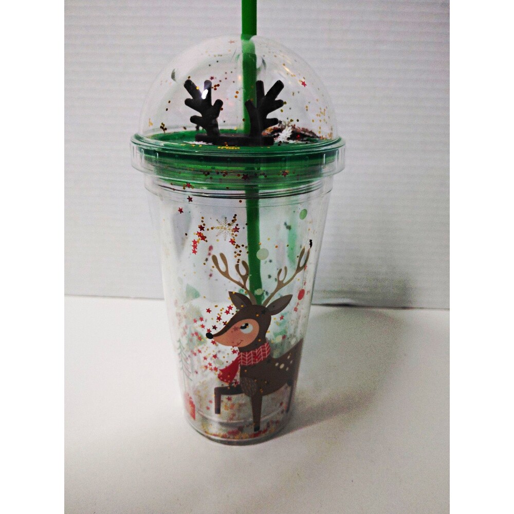 Clear Green Holiday Reindeer Plastic Tumbler w/ Lid & Straw Decorated